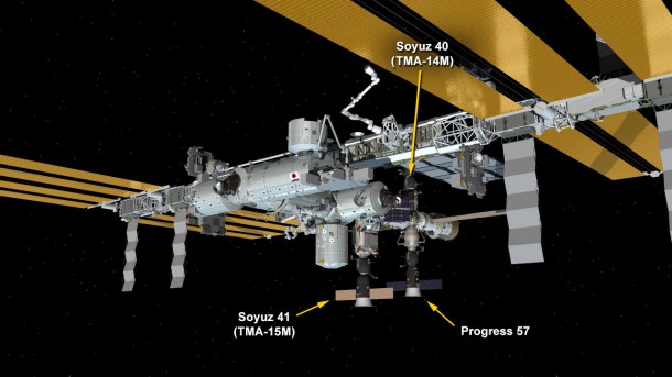 The International Space Station configuration as of Feb. 14, 2015 when Europe’s Automated Transfer Vehicle-5 undocked. Credit: NASA TV The International Space Station configuration as of Feb. 14, 2015 when Europe’s Automated Transfer Vehicle-5 undocked. Credit: NASA TV