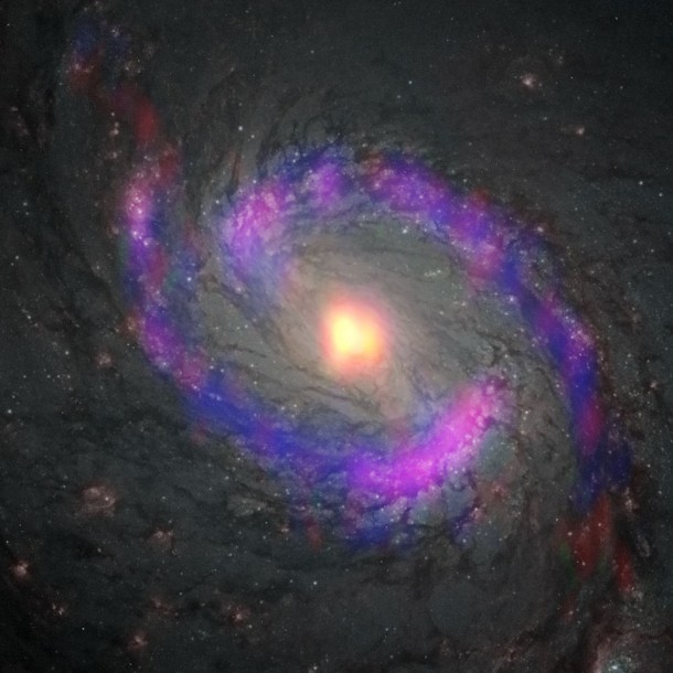 The central part of the galaxy M77, also known as NGC 1068, observed by ALMA and the NASA/ESA Hubble Space Telescope. Yellow: cyanoacetylene (HC3N), Red: carbon monosulfide (CS), Blue: carbon monoxide (CO), which are observed with ALMA. While HC3N is abundant in the central part of the galaxy (CND), CO is mainly distributed in the starburst ring. CS is distributed both in the CND and the starburst ring. Credit: ALMA(ESO/NAOJ/NRAO), S. Takano et al., NASA/ESA Hubble Space Telescope and A. van der Hoeven The central part of the galaxy M77, also known as NGC 1068, observed by ALMA and the NASA/ESA Hubble Space Telescope. Yellow: cyanoacetylene (HC3N), Red: carbon monosulfide (CS), Blue: carbon monoxide (CO), which are observed with ALMA. While HC3N is abundant in the central part of the galaxy (CND), CO is mainly distributed in the starburst ring. CS is distributed both in the CND and the starburst ring. Credit: ALMA(ESO/NAOJ/NRAO), S. Takano et al., NASA/ESA Hubble Space Telescope and A. van der Hoeven