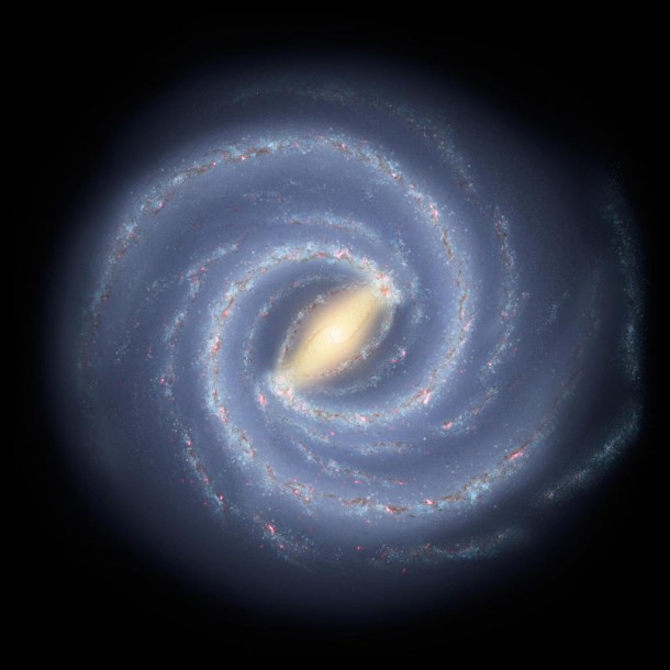 The newfound young star clusters lie thousands of light-years below the plane of our Milky Way galaxy, a flat spiral disk seen in this artist's conception. If alien lifeforms were to develop on planets orbiting these stars, they would have views of a portion, or all, of the galactic disk. Image credit: NASA/JPL-Caltech The newfound young star clusters lie thousands of light-years below the plane of our Milky Way galaxy, a flat spiral disk seen in this artist's conception. If alien lifeforms were to develop on planets orbiting these stars, they would have views of a portion, or all, of the galactic disk. Image credit: NASA/JPL-Caltech