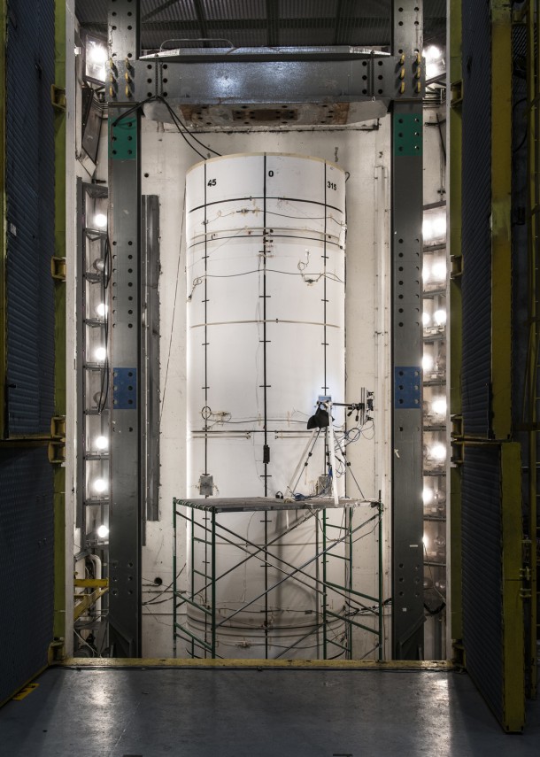 Standing more than two stories tall and almost 8 feet in diameter, the composite test structure was pressurized with water until it burst. Image Credit: Orbital ATK Standing more than two stories tall and almost 8 feet in diameter, the composite test structure was pressurized with water until it burst. Image Credit: Orbital ATK