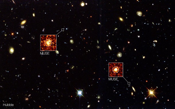 The background image in this composite shows the NASA/ESA Hubble Space Telescope image of the region known as the Hubble Deep Field South. New observations using the MUSE instrument on ESO's Very Large Telescope have detected remote galaxies that are not visible to Hubble. Two examples are highlighted in this composite view. These objects are completely invisible in the Hubble picture but show up strongly in the appropriate parts of the three-dimensional MUSE data. Credit: ESO/MUSE Consortium/R. Bacon The background image in this composite shows the NASA/ESA Hubble Space Telescope image of the region known as the Hubble Deep Field South. New observations using the MUSE instrument on ESO's Very Large Telescope have detected remote galaxies that are not visible to Hubble. Two examples are highlighted in this composite view. These objects are completely invisible in the Hubble picture but show up strongly in the appropriate parts of the three-dimensional MUSE data. Credit: ESO/MUSE Consortium/R. Bacon