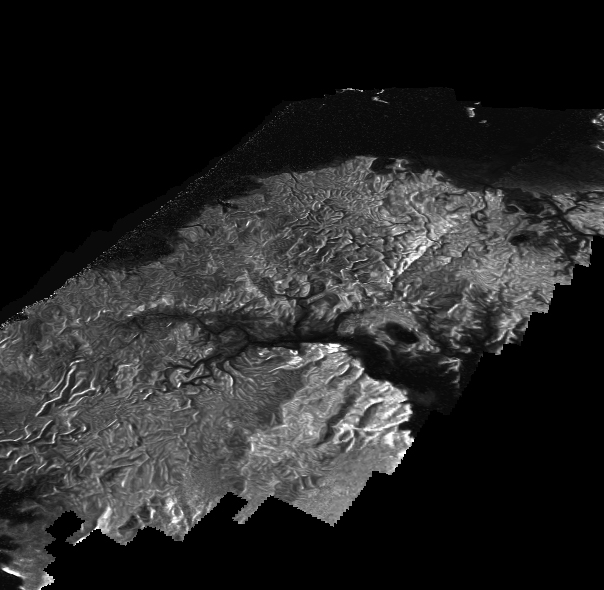 This Cassini Synthetic Aperture Radar (SAR) image is presented as a perspective view and shows a landscape near the eastern shoreline of Kraken Mare, a hydrocarbon sea in Titan's north polar region. Image Credit: NASA/JPL-Caltech/ASI This Cassini Synthetic Aperture Radar (SAR) image is presented as a perspective view and shows a landscape near the eastern shoreline of Kraken Mare, a hydrocarbon sea in Titan's north polar region. Image Credit: NASA/JPL-Caltech/ASI