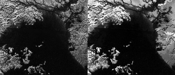 Presented here are side-by-side comparisons of a traditional Cassini Synthetic Aperture Radar (SAR) view and one made using a new technique for handling electronic noise that results in clearer views of Titan's surface. Image Credit: NASA/JPL-Caltech/ASI Presented here are side-by-side comparisons of a traditional Cassini Synthetic Aperture Radar (SAR) view and one made using a new technique for handling electronic noise that results in clearer views of Titan's surface. Image Credit: NASA/JPL-Caltech/ASI