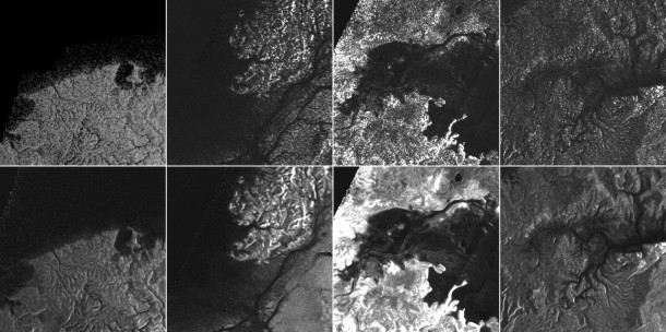 This montage of Cassini Synthetic Aperture Radar (SAR) images of the surface of Titan shows four examples of how a newly developed technique for handling noise results in clearer, easier to interpret views. Image Credit: NASA/JPL-Caltech/ASI This montage of Cassini Synthetic Aperture Radar (SAR) images of the surface of Titan shows four examples of how a newly developed technique for handling noise results in clearer, easier to interpret views. Image Credit: NASA/JPL-Caltech/ASI