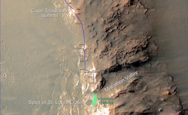 In February 2015, NASA's Mars Exploration Rover Opportunity is approaching a cumulative driving distance on Mars equal to the length of a marathon race. This map shows the rover's position relative to where it could surpass that distance. Image Credit: NASA/JPL-Caltech/Univ. of Arizona In February 2015, NASA's Mars Exploration Rover Opportunity is approaching a cumulative driving distance on Mars equal to the length of a marathon race. This map shows the rover's position relative to where it could surpass that distance. Image Credit: NASA/JPL-Caltech/Univ. of Arizona