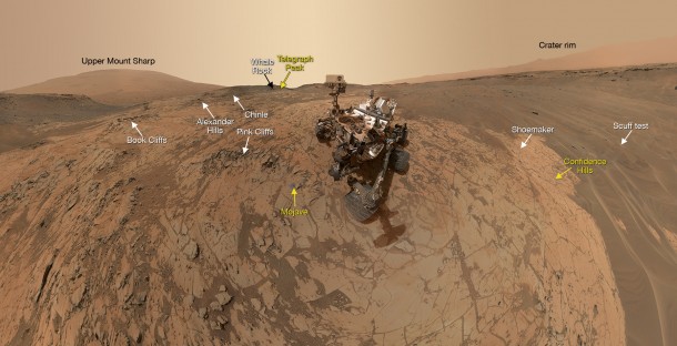 This self-portrait of NASA's Curiosity Mars rover shows the vehicle at the "Mojave" site, where its drill collected the mission's second taste of Mount Sharp. The scene combines dozens of images taken during January 2015 by the MAHLI camera at the end of the rover's robotic arm. Image Credit: NASA/JPL-Caltech/MSSS This self-portrait of NASA's Curiosity Mars rover shows the vehicle at the "Mojave" site, where its drill collected the mission's second taste of Mount Sharp. The scene combines dozens of images taken during January 2015 by the MAHLI camera at the end of the rover's robotic arm. Image Credit: NASA/JPL-Caltech/MSSS
