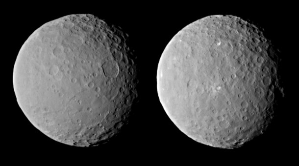 These images of dwarf planet Ceres, processed to enhance clarity, were taken on Feb. 19, 2015, from a distance of about 29,000 miles (46,000 kilometers), by NASA's Dawn spacecraft. Dawn observed Ceres completing one full rotation, which lasted about nine hours. Image Credit: NASA/JPL-Caltech/UCLA/MPS/DLR/IDA These images of dwarf planet Ceres, processed to enhance clarity, were taken on Feb. 19, 2015, from a distance of about 29,000 miles (46,000 kilometers), by NASA's Dawn spacecraft. Dawn observed Ceres completing one full rotation, which lasted about nine hours. Image Credit: NASA/JPL-Caltech/UCLA/MPS/DLR/IDA