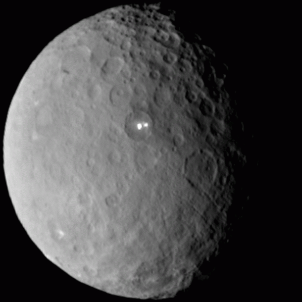 Ceres rotates in this sped-up movie comprised of images taken by NASA's Dawn mission during its approach to the dwarf planet. The images were taken on Feb. 19, 2015, from a distance of nearly 29,000 miles (46,000 kilometers). Dawn observed Ceres for a full rotation of the dwarf planet, which lasts about nine hours. The images have a resolution of 2.5 miles (4 kilometers) per pixel. Image Credit: NASA/JPL-Caltech/UCLA/MPS/DLR/IDA Ceres rotates in this sped-up movie comprised of images taken by NASA's Dawn mission during its approach to the dwarf planet. The images were taken on Feb. 19, 2015, from a distance of nearly 29,000 miles (46,000 kilometers). Dawn observed Ceres for a full rotation of the dwarf planet, which lasts about nine hours. The images have a resolution of 2.5 miles (4 kilometers) per pixel. Image Credit: NASA/JPL-Caltech/UCLA/MPS/DLR/IDA