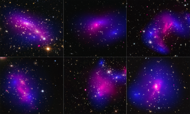 Here are images of six different galaxy clusters taken with NASA's Hubble Space Telescope (blue) and Chandra X-ray Observatory (pink) in a study of how dark matter in clusters of galaxies behaves when the clusters collide. A total of 72 large cluster collisions were studied. Image Credit: NASA and ESA Here are images of six different galaxy clusters taken with NASA's Hubble Space Telescope (blue) and Chandra X-ray Observatory (pink) in a study of how dark matter in clusters of galaxies behaves when the clusters collide. A total of 72 large cluster collisions were studied. Image Credit: NASA and ESA