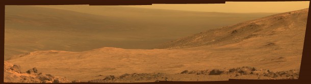 This view from NASA's Opportunity Mars rover shows part of "Marathon Valley," a destination on the western rim of Endeavour Crater, as seen from an overlook north of the valley. Image Credit: NASA/JPL-Caltech/Cornell Univ./Arizona State Univ. This view from NASA's Opportunity Mars rover shows part of "Marathon Valley," a destination on the western rim of Endeavour Crater, as seen from an overlook north of the valley. Image Credit: NASA/JPL-Caltech/Cornell Univ./Arizona State Univ.