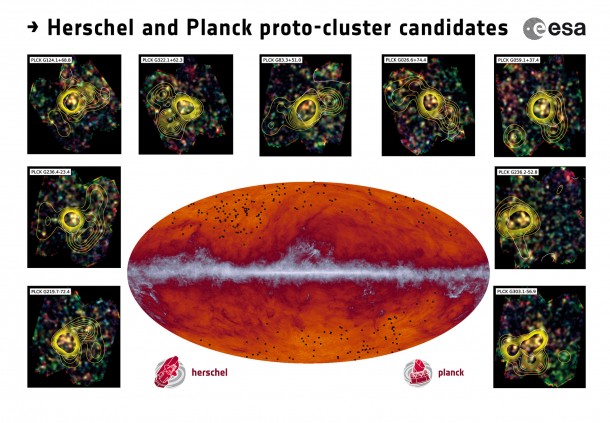 Proto-cluster candidates. Copyright ESA and the Planck Collaboration/ H. Dole, D. Guéry & G. Hurier, IAS/University Paris-Sud/CNRS/CNES Proto-cluster candidates. Copyright ESA and the Planck Collaboration/ H. Dole, D. Guéry & G. Hurier, IAS/University Paris-Sud/CNRS/CNES