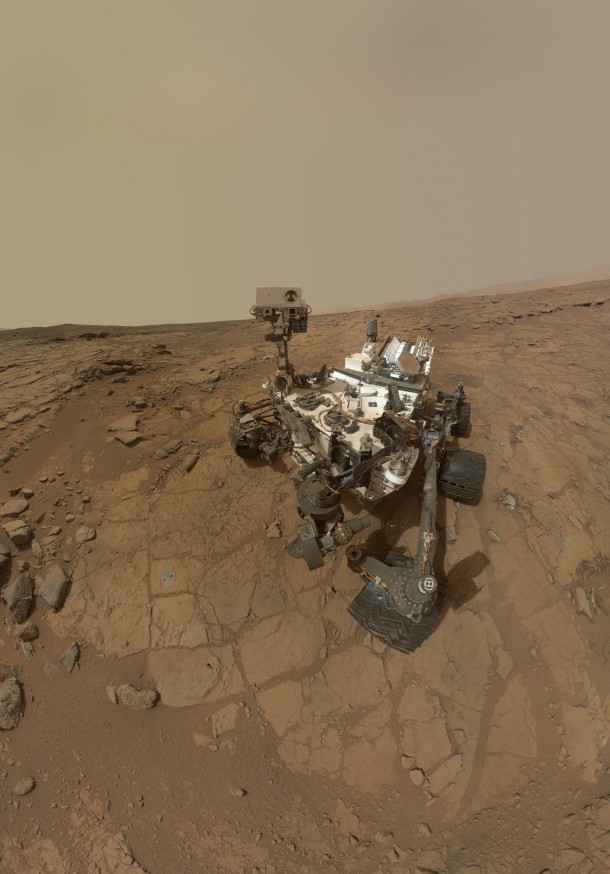 This self-portrait of NASA's Mars rover Curiosity combines dozens of exposures taken by the rover's Mars Hand Lens Imager on Feb. 3, 2013 plus three exposures taken May 10, 2013 to show two holes (in lower left quadrant) where Curiosity used its drill on the rock target "John Klein". Image Credit: NASA/JPL-Caltech/MSSS This self-portrait of NASA's Mars rover Curiosity combines dozens of exposures taken by the rover's Mars Hand Lens Imager on Feb. 3, 2013 plus three exposures taken May 10, 2013 to show two holes (in lower left quadrant) where Curiosity used its drill on the rock target "John Klein". Image Credit: NASA/JPL-Caltech/MSSS