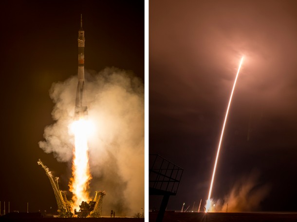 The Soyuz TMA-16M rocket launches on time from the Baikonur Cosmodrome in Kazakhstan to the International Space Station. The Soyuz TMA-16M rocket launches on time from the Baikonur Cosmodrome in Kazakhstan to the International Space Station.
