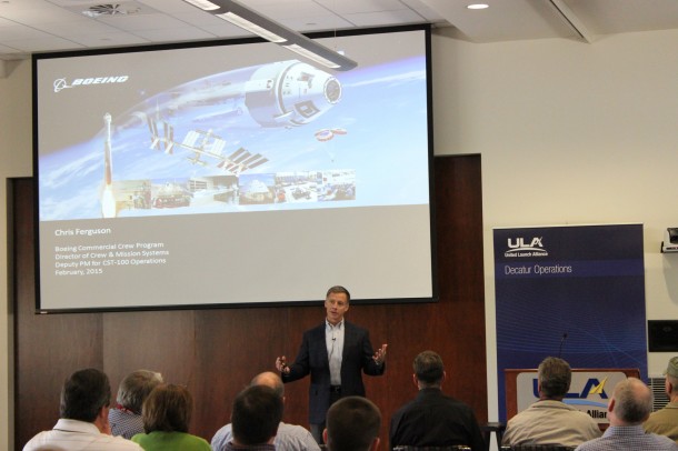 Chris Ferguson, a former astronaut, talks to engineers and technicians who will assemble the first Atlas V rockets to launch crews aboard Boeing’s CST-100 to the International Space Station for NASA’s Commercial Crew flight tests. Image Credit: ULA Chris Ferguson, a former astronaut, talks to engineers and technicians who will assemble the first Atlas V rockets to launch crews aboard Boeing’s CST-100 to the International Space Station for NASA’s Commercial Crew flight tests. Image Credit: ULA