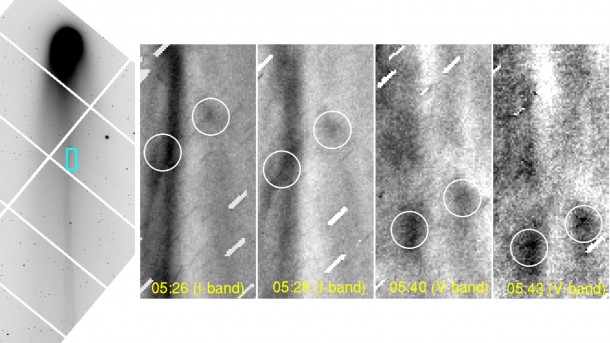 Figure 2: (left): A 2-second I-band exposure of the comet. The cyan rectangle shows the region in the right panel. (right): This shows movement of two clumps in the plasma tail. Images produced from 2-minute exposures are further processed; background star trails are masked, and unsharp-masked to enhance detailed structures. The masked star trails are seen as short tilted white lines. Time stamps in yellow show the start time of the exposure. White circles indicate the clumps detected in this study. They move away from the nucleus over time. The size of the cutout is about 2500 x 5600 kilometers. From the data, the research team calculated the speed of the clumps at 20 - 25 kilometers per second. (Credit: NAOJ) Figure 2: (left): A 2-second I-band exposure of the comet. The cyan rectangle shows the region in the right panel. (right): This shows movement of two clumps in the plasma tail. Images produced from 2-minute exposures are further processed; background star trails are masked, and unsharp-masked to enhance detailed structures. The masked star trails are seen as short tilted white lines. Time stamps in yellow show the start time of the exposure. White circles indicate the clumps detected in this study. They move away from the nucleus over time. The size of the cutout is about 2500 x 5600 kilometers. From the data, the research team calculated the speed of the clumps at 20 - 25 kilometers per second. (Credit: NAOJ)