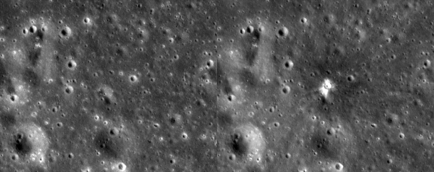 This image pairing shows a lunar impact crater created on March 17, 2013. The two images are from the LROC instrument aboard NASA's Lunar Reconnaissance Orbiter. The left image is from Feb. 12, 2012, and the right image is from July 28, 2013. The new crater is about 59 feet wide. Click and drag the slider bar to swipe between the two images. Image Credit: NASA/Goddard Space Flight Center/Arizona State University This image pairing shows a lunar impact crater created on March 17, 2013. The two images are from the LROC instrument aboard NASA's Lunar Reconnaissance Orbiter. The left image is from Feb. 12, 2012, and the right image is from July 28, 2013. The new crater is about 59 feet wide. Click and drag the slider bar to swipe between the two images. Image Credit: NASA/Goddard Space Flight Center/Arizona State University