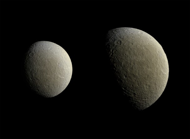 Cassini captured these views of Saturn's icy moon Rhea on Feb. 9. The spacecraft returned to equatorial orbits around Saturn in March after nearly two years, allowing the mission to once again have close encounters with moons other than Titan. Image Credit: NASA/JPL-Caltech/Space Science Institute Cassini captured these views of Saturn's icy moon Rhea on Feb. 9. The spacecraft returned to equatorial orbits around Saturn in March after nearly two years, allowing the mission to once again have close encounters with moons other than Titan. Image Credit: NASA/JPL-Caltech/Space Science Institute