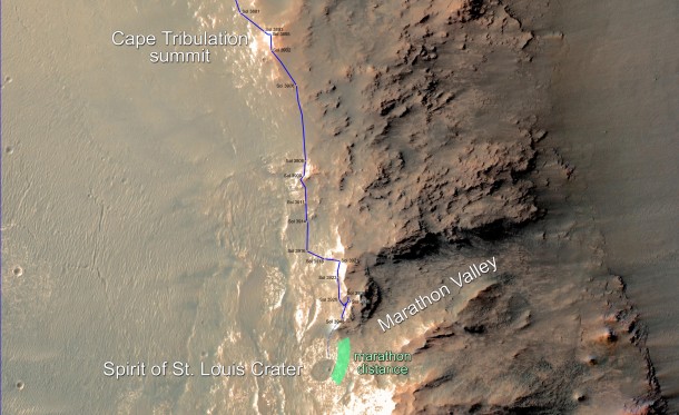 This map updates progress that NASA's Mars Exploration Rover Opportunity is making toward reaching a driving distance equivalent to a marathon footrace. Image Credit: NASA/JPL-Caltech/Univ. of Arizona This map updates progress that NASA's Mars Exploration Rover Opportunity is making toward reaching a driving distance equivalent to a marathon footrace. Image Credit: NASA/JPL-Caltech/Univ. of Arizona