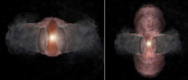 Artist's conception of the development of W75N(B)-VLA-2.. At left, a hot wind from the young star expands nearly spherically, as seen in 1996. At right, as seen in 2014, the hot wind has been shaped by encountering a dusty, donut-shaped torus around the star and appears elongated. CREDIT: Bill Saxton, NRAO/AUI/NSF Artist's conception of the development of W75N(B)-VLA-2.. At left, a hot wind from the young star expands nearly spherically, as seen in 1996. At right, as seen in 2014, the hot wind has been shaped by encountering a dusty, donut-shaped torus around the star and appears elongated. CREDIT: Bill Saxton, NRAO/AUI/NSF