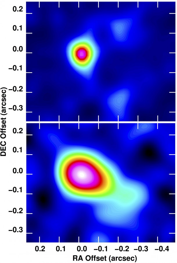 VLA images of W75N(B)-VLA-2: Top, 1996; Bottom, 2014. CREDIT: Carrasco-Gonzalez, et al., NRAO/AUI/NSF VLA images of W75N(B)-VLA-2: Top, 1996; Bottom, 2014. CREDIT: Carrasco-Gonzalez, et al., NRAO/AUI/NSF
