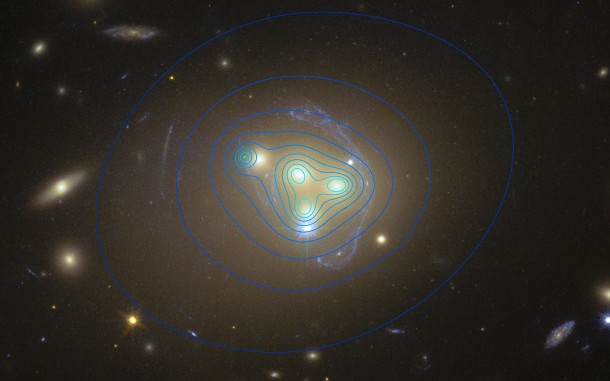 The distribution of dark matter in the cluster is shown with blue contour lines. The dark matter clump for the galaxy at the left is significantly displaced from the position of the galaxy itself, possibly implying dark matter-dark matter interactions of an unknown nature are occuring. Credit: ESO/R. Massey The distribution of dark matter in the cluster is shown with blue contour lines. The dark matter clump for the galaxy at the left is significantly displaced from the position of the galaxy itself, possibly implying dark matter-dark matter interactions of an unknown nature are occuring. Credit: ESO/R. Massey