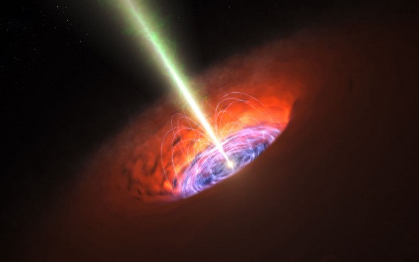 This artist’s impression shows the surroundings of a supermassive black hole, typical of that found at the heart of many galaxies. The black hole itself is surrounded by a brilliant accretion disc of very hot, infalling material and, further out, a dusty torus. There are also often high-speed jets of material ejected at the black hole’s poles that can extend huge distances into space. Observations with ALMA have detected a very strong magnetic field close to the black hole at the base of the jets and this is probably involved in jet production and collimation. Credit: ESO/L. Calçada This artist’s impression shows the surroundings of a supermassive black hole, typical of that found at the heart of many galaxies. The black hole itself is surrounded by a brilliant accretion disc of very hot, infalling material and, further out, a dusty torus. There are also often high-speed jets of material ejected at the black hole’s poles that can extend huge distances into space. Observations with ALMA have detected a very strong magnetic field close to the black hole at the base of the jets and this is probably involved in jet production and collimation. Credit: ESO/L. Calçada