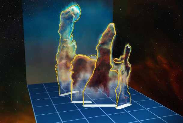 This visualisation of the three-dimensional structure of the Pillars of Creation within the star formation region Messier 16 (also called the Eagle Nebula) is based on new observations of the object using the MUSE instrument on ESO’s Very Large Telescope in Chile. The pillars actually consist of several distinct pieces on either side of the star cluster NGC 6611. In this illustration, the relative distance between the pillars along the line of sight is not to scale. Credit: ESO/M. Kornmesser This visualisation of the three-dimensional structure of the Pillars of Creation within the star formation region Messier 16 (also called the Eagle Nebula) is based on new observations of the object using the MUSE instrument on ESO’s Very Large Telescope in Chile. The pillars actually consist of several distinct pieces on either side of the star cluster NGC 6611. In this illustration, the relative distance between the pillars along the line of sight is not to scale. Credit: ESO/M. Kornmesser