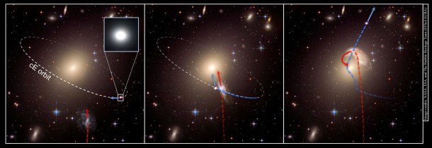 This schematic illustrates the creation of a runaway galaxy. In the first panel, an "intruder" spiral galaxy approaches a galaxy cluster center, where a compact elliptical galaxy (cE) already revolves around a massive central elliptical galaxy. In the second panel, a close encounter occurs and the compact elliptical receives a gravitational kick from the intruder. In the third panel, the compact elliptical escapes the galaxy cluster while the intruder is devoured by the giant elliptical galaxy in the cluster center. NASA, ESA, and the Hubble Heritage Team This schematic illustrates the creation of a runaway galaxy. In the first panel, an "intruder" spiral galaxy approaches a galaxy cluster center, where a compact elliptical galaxy (cE) already revolves around a massive central elliptical galaxy. In the second panel, a close encounter occurs and the compact elliptical receives a gravitational kick from the intruder. In the third panel, the compact elliptical escapes the galaxy cluster while the intruder is devoured by the giant elliptical galaxy in the cluster center. NASA, ESA, and the Hubble Heritage Team