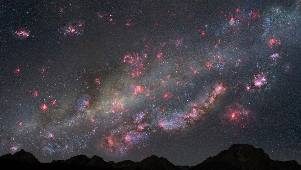 Artist's view of night sky from a hypothetical planet within a young Milky Way-like galaxy 10 billion years ago, the sky are ablaze with star birth. Pink clouds of gas harbor newborn stars, and bluish-white, young star clusters litter the landscape. Image Credit: NASA/ESA/Z. Levay (STScI) Artist's view of night sky from a hypothetical planet within a young Milky Way-like galaxy 10 billion years ago, the sky are ablaze with star birth. Pink clouds of gas harbor newborn stars, and bluish-white, young star clusters litter the landscape. Image Credit: NASA/ESA/Z. Levay (STScI)