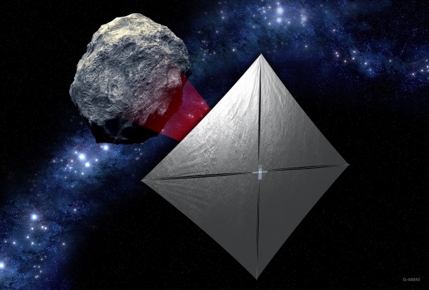 A concept image of the Near-Earth Asteroid Scout mission, one of 11 missions that will be secondary payloads to the first test flight of NASA's Space Launch System. Image Credit: NASA A concept image of the Near-Earth Asteroid Scout mission, one of 11 missions that will be secondary payloads to the first test flight of NASA's Space Launch System. Image Credit: NASA
