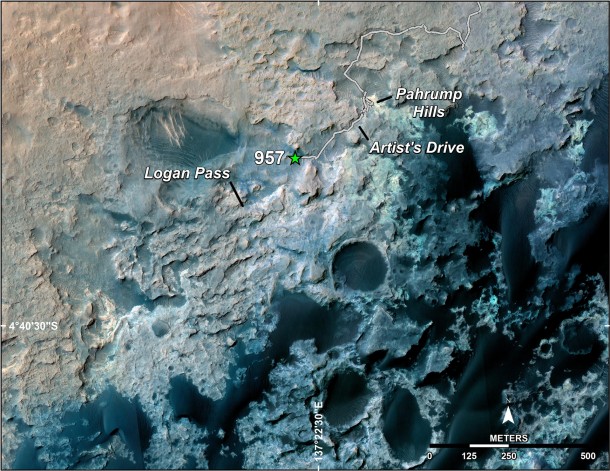 A green star marks the location of NASA's Curiosity Mars rover after a drive on the mission's 957th Martian day, or sol, (April 16, 2015). The map covers an area about 1.25 miles (2 kilometers) wide. Image Credit: NASA/JPL-Caltech/Univ. of Arizona A green star marks the location of NASA's Curiosity Mars rover after a drive on the mission's 957th Martian day, or sol, (April 16, 2015). The map covers an area about 1.25 miles (2 kilometers) wide. Image Credit: NASA/JPL-Caltech/Univ. of Arizona