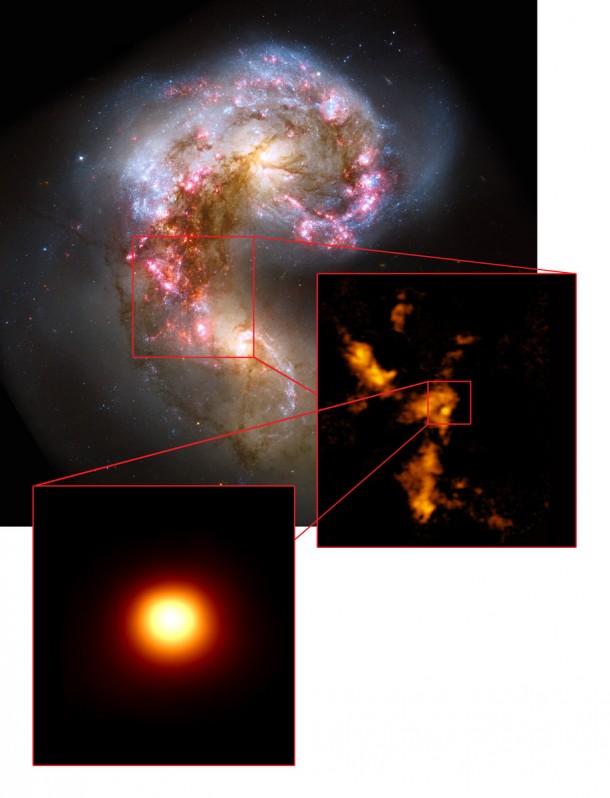 The Antennae galaxies, shown in visible light in a Hubble image (upper image), were studied with ALMA, revealing extensive clouds of molecular gas (center right image). One cloud (bottom image) is incredibly dense and massive, yet apparently star free, suggesting it is the first example of a prenatal globular cluster ever identified. Credit: NASA/ESA Hubble, B. Whitmore (STScI); K. Johnson, U.Va.; ALMA (NRAO/ESO/NAOJ); B. Saxton (NRAO/AUI/NSF) The Antennae galaxies, shown in visible light in a Hubble image (upper image), were studied with ALMA, revealing extensive clouds of molecular gas (center right image). One cloud (bottom image) is incredibly dense and massive, yet apparently star free, suggesting it is the first example of a prenatal globular cluster ever identified. Credit: NASA/ESA Hubble, B. Whitmore (STScI); K. Johnson, U.Va.; ALMA (NRAO/ESO/NAOJ); B. Saxton (NRAO/AUI/NSF)