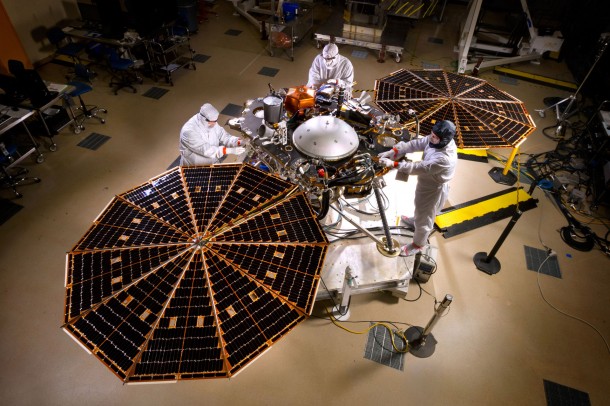 Engineers and technicians at Lockheed Martin Space Systems, Denver, run a test of deploying the solar arrays on NASA's InSight lander. Photo taken April 30, 2015. Credits: NASA/JPL-Caltech/Lockheed Martin Engineers and technicians at Lockheed Martin Space Systems, Denver, run a test of deploying the solar arrays on NASA's InSight lander. Photo taken April 30, 2015. Credits: NASA/JPL-Caltech/Lockheed Martin
