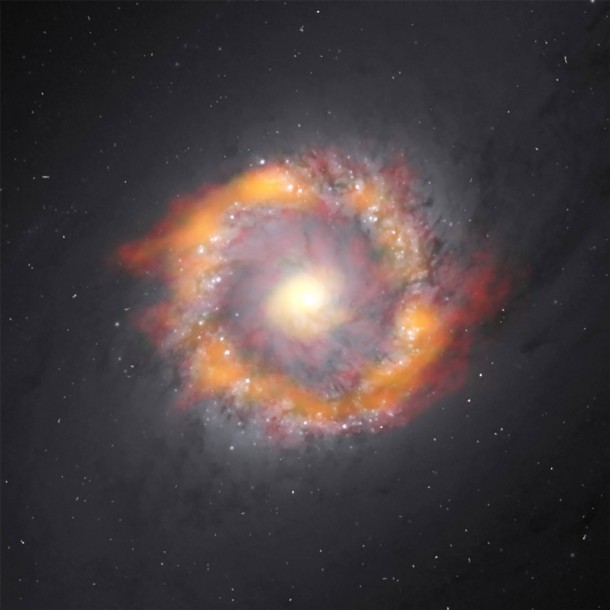 Composite image of the barred spiral galaxy NGC 1097. By studying the motion of two molecules, ALMA was able to determine that the supermassive black hole at the galactic center has a mass 140 million times greater than our Sun. The ALMA data is in red (HCO+) and green/orange (HCN) superimposed on an optical image taken by the Hubble Space Telescope. Credit: ALMA (NRAO/ESO/NAOJ), K. Onishi; NASA/ESA Hubble Space Telescope, E. Sturdivant; NRAO/AUI/NSF Composite image of the barred spiral galaxy NGC 1097. By studying the motion of two molecules, ALMA was able to determine that the supermassive black hole at the galactic center has a mass 140 million times greater than our Sun. The ALMA data is in red (HCO+) and green/orange (HCN) superimposed on an optical image taken by the Hubble Space Telescope. Credit: ALMA (NRAO/ESO/NAOJ), K. Onishi; NASA/ESA Hubble Space Telescope, E. Sturdivant; NRAO/AUI/NSF