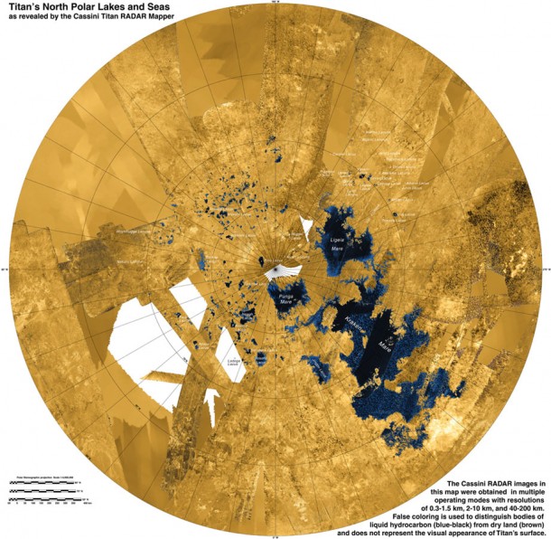 Radar images from NASA's Cassini spacecraft reveal many lakes on Titan's surface, some filled with liquid, and some appearing as empty depressions. Image credit: NASA/JPL-Caltech/ASI/USGS Radar images from NASA's Cassini spacecraft reveal many lakes on Titan's surface, some filled with liquid, and some appearing as empty depressions. Image credit: NASA/JPL-Caltech/ASI/USGS