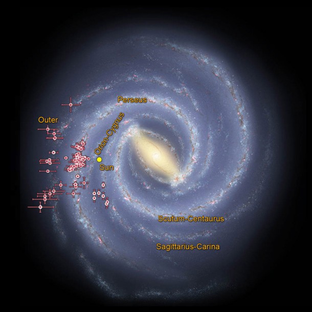 Astronomers using data from NASA's Wide-field Infrared Survey Explorer, or WISE, are helping to trace the shape of our Milky Way galaxy's spiral arms. Image credit: NASA/JPL-Caltech/Federal University of Rio Grande do Sul Astronomers using data from NASA's Wide-field Infrared Survey Explorer, or WISE, are helping to trace the shape of our Milky Way galaxy's spiral arms. Image credit: NASA/JPL-Caltech/Federal University of Rio Grande do Sul