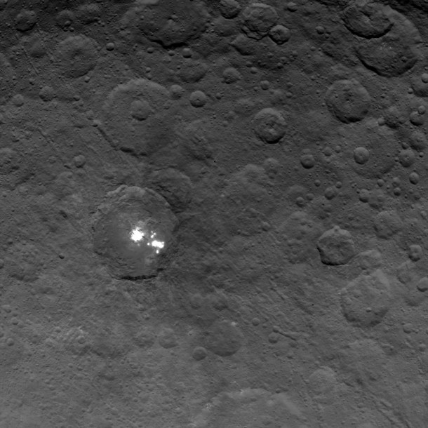 The brightest spots on dwarf planet Ceres are seen in this image taken by NASA's Dawn spacecraft on June 6, 2015. Credit: NASA/JPL-Caltech/UCLA/MPS/DLR/IDA The brightest spots on dwarf planet Ceres are seen in this image taken by NASA's Dawn spacecraft on June 6, 2015. Credit: NASA/JPL-Caltech/UCLA/MPS/DLR/IDA
