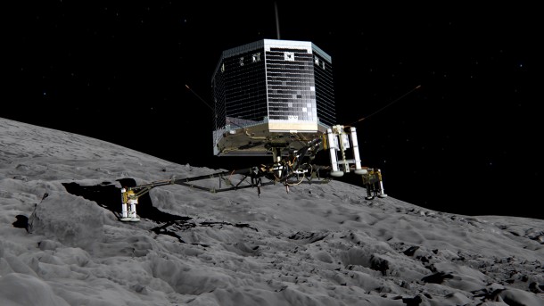 Still image from animation of Philae separating from Rosetta and descending to the surface of comet 67P/Churyumov-Gerasimenko in November 2014. Copyright ESA/ATG medialab Still image from animation of Philae separating from Rosetta and descending to the surface of comet 67P/Churyumov-Gerasimenko in November 2014. Copyright ESA/ATG medialab