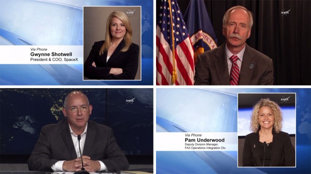 Managers from SpaceX, NASA and the FAA discussed the SpaceX rocket anomaly Sunday afternoon. Clockwise from top left: Gwynne Shotwell, President and Chief Operating Operating Officer, SpaceX; Bill Gerstenmaier, Associate Administrator for Human Exploration and Operations for NASA; Mike Suffredini, International Space Station Program Manager for NASA; Pam Underwood, Deputy Division Manager, FAA Operations Integration Division. Managers from SpaceX, NASA and the FAA discussed the SpaceX rocket anomaly Sunday afternoon. Clockwise from top left: Gwynne Shotwell, President and Chief Operating Operating Officer, SpaceX; Bill Gerstenmaier, Associate Administrator for Human Exploration and Operations for NASA; Mike Suffredini, International Space Station Program Manager for NASA; Pam Underwood, Deputy Division Manager, FAA Operations Integration Division.