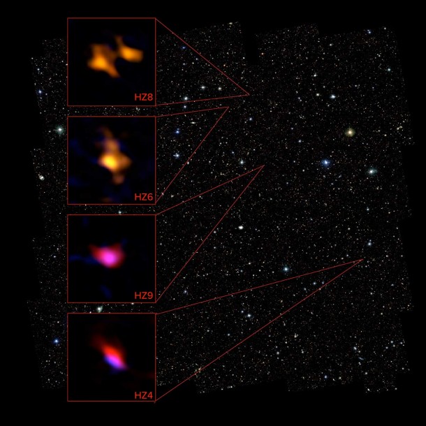 Using ALMA, astronomers surveyed an array of normal galaxies seen when the Universe was only 1 billion years old. They detected the glow of ionized carbon filling the space between the stars, indicating these galaxies were fully formed but chemically immature, when compared to similar galaxies a few billion years later. The ALMA data for four of these galaxies is show in relation to objects in the COSMOS field taken with the Hubble Space Telescope. ALMA (NRAO/ESO/NAOJ), P. Capak; B. Saxton (NRAO/AUI/NSF), NASA/ESA Hubble Using ALMA, astronomers surveyed an array of normal galaxies seen when the Universe was only 1 billion years old. They detected the glow of ionized carbon filling the space between the stars, indicating these galaxies were fully formed but chemically immature, when compared to similar galaxies a few billion years later. The ALMA data for four of these galaxies is show in relation to objects in the COSMOS field taken with the Hubble Space Telescope. ALMA (NRAO/ESO/NAOJ), P. Capak; B. Saxton (NRAO/AUI/NSF), NASA/ESA Hubble