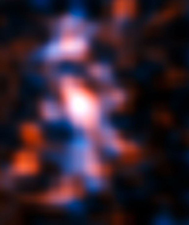 The resulting reconstructed image of the distant galaxy using sophisticated models of the magnifying gravitational lens, reveal fine structures within the ring that have never been seen before: Several dust clouds within the galaxy, which are thought to be giant cold molecular clouds, the birthplaces of stars and planets. Note that some of the smaller structures visible here might be artifacts caused by the reconstruction method. Credit: ALMA (NRAO/ESO/NAOJ)/Mark Swinbank (Durham University) The resulting reconstructed image of the distant galaxy using sophisticated models of the magnifying gravitational lens, reveal fine structures within the ring that have never been seen before: Several dust clouds within the galaxy, which are thought to be giant cold molecular clouds, the birthplaces of stars and planets. Note that some of the smaller structures visible here might be artifacts caused by the reconstruction method. Credit: ALMA (NRAO/ESO/NAOJ)/Mark Swinbank (Durham University)