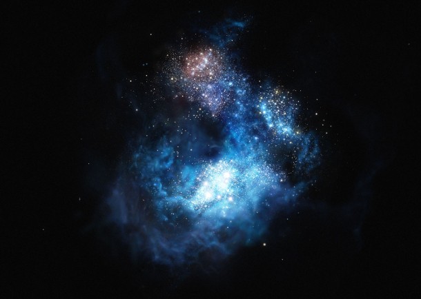 This artist’s impression shows CR7 a very distant galaxy discovered using ESO’s Very Large Telescope. It is by far the brightest galaxy yet found in the early Universe and there is strong evidence that examples of the first generation of stars lurk within it. These massive, brilliant, and previously purely theoretical objects were the creators of the first heavy elements in history — the elements necessary to forge the stars around us today, the planets that orbit them, and life as we know it. This newly found galaxy is three times brighter than the brightest distant galaxy known up to now. Credit: ESO/M. Kornmesser This artist’s impression shows CR7 a very distant galaxy discovered using ESO’s Very Large Telescope. It is by far the brightest galaxy yet found in the early Universe and there is strong evidence that examples of the first generation of stars lurk within it. These massive, brilliant, and previously purely theoretical objects were the creators of the first heavy elements in history — the elements necessary to forge the stars around us today, the planets that orbit them, and life as we know it. This newly found galaxy is three times brighter than the brightest distant galaxy known up to now. Credit: ESO/M. Kornmesser