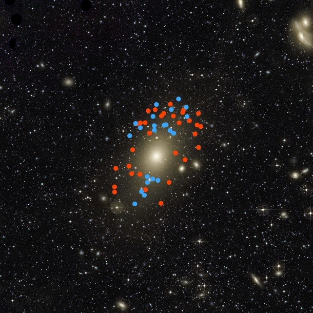 The red and blue dots mark the position of the planetary nebulae whose motion revealed that Messier 87 has recently been struck by another, smaller galaxy, which has now fully merged with it. Those marked in red are moving away from us, and the blue ones toward us with respect to the galaxy as a whole. Credit: A. Longobardi (Max-Planck-Institut für extraterrestrische Physik)/C. Mihos (Case Western Reserve University)/ESO The red and blue dots mark the position of the planetary nebulae whose motion revealed that Messier 87 has recently been struck by another, smaller galaxy, which has now fully merged with it. Those marked in red are moving away from us, and the blue ones toward us with respect to the galaxy as a whole. Credit: A. Longobardi (Max-Planck-Institut für extraterrestrische Physik)/C. Mihos (Case Western Reserve University)/ESO