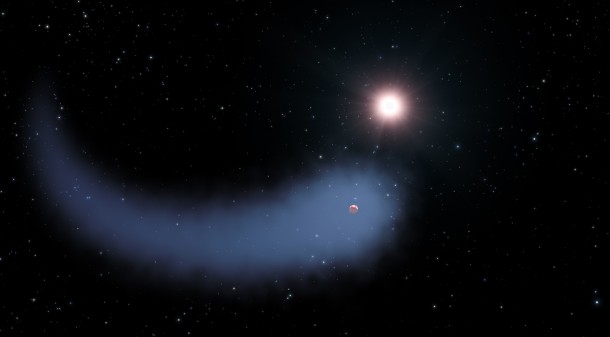 This artist's concept shows "The Behemoth," an enormous comet-like cloud of hydrogen bleeding off of a warm, Neptune-sized planet just 30 light-years from Earth. Also depicted is the parent star, which is a faint red dwarf named GJ 436. The hydrogen is evaporating from the planet due to extreme radiation from the star. A phenomenon this large has never before been seen around any exoplanet. Credits: NASA, ESA, and G. Bacon (STScI) This artist's concept shows "The Behemoth," an enormous comet-like cloud of hydrogen bleeding off of a warm, Neptune-sized planet just 30 light-years from Earth. Also depicted is the parent star, which is a faint red dwarf named GJ 436. The hydrogen is evaporating from the planet due to extreme radiation from the star. A phenomenon this large has never before been seen around any exoplanet. Credits: NASA, ESA, and G. Bacon (STScI)