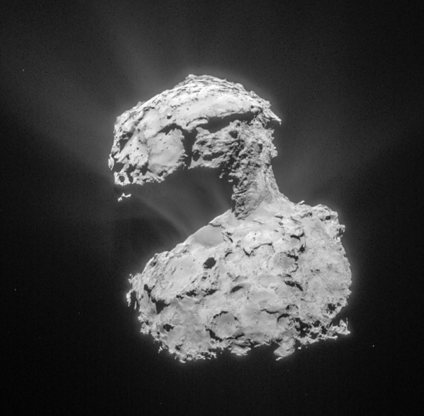 This image, by the Rosetta navigation camera, was taken from a distance of about 53 miles (86 kilometers) from the center of Comet 67P/Churyumov-Gerasimenko on March 14, 2015. The image has a resolution of 24 feet (7 meters) per pixel and is cropped and processed to bring out the details of the comet's activity. Image credit: ESA/Rosetta/NAVCAM This image, by the Rosetta navigation camera, was taken from a distance of about 53 miles (86 kilometers) from the center of Comet 67P/Churyumov-Gerasimenko on March 14, 2015. The image has a resolution of 24 feet (7 meters) per pixel and is cropped and processed to bring out the details of the comet's activity. Image credit: ESA/Rosetta/NAVCAM