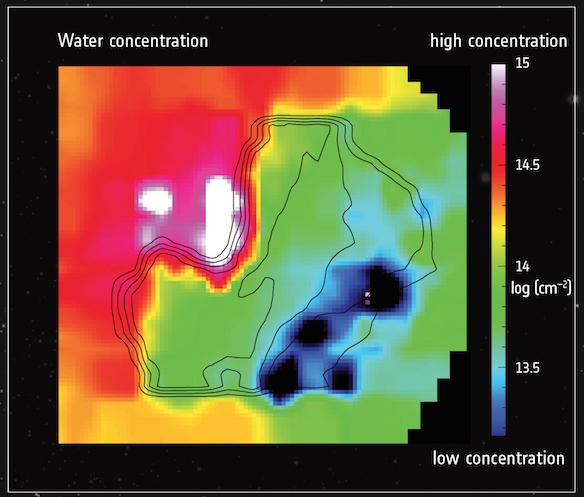 This color map, based on data collected on September 7, 2014, by MIRO's (Microwave Instrument for Rosetta Orbiter), shows the concentration of water around comet 67P/Churyumov-Gerasimenko. In the areas highlighted in blue and green, there is a lower concentration of water. Red, pink and white areas highlight regions of higher concentration. The black contours show emission at submillimeter wavelengths measured by MIRO, with increasing emission from the edges inwards. Credit: ESA/Rosetta/MIRO This color map, based on data collected on September 7, 2014, by MIRO's (Microwave Instrument for Rosetta Orbiter), shows the concentration of water around comet 67P/Churyumov-Gerasimenko. In the areas highlighted in blue and green, there is a lower concentration of water. Red, pink and white areas highlight regions of higher concentration. The black contours show emission at submillimeter wavelengths measured by MIRO, with increasing emission from the edges inwards. Credit: ESA/Rosetta/MIRO