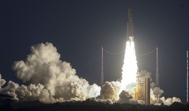 With an on-time departure from the Spaceport, Ariane 5 climbs away from French Guiana carrying the Star One C4 and MSG-4 satellites. With an on-time departure from the Spaceport, Ariane 5 climbs away from French Guiana carrying the Star One C4 and MSG-4 satellites.