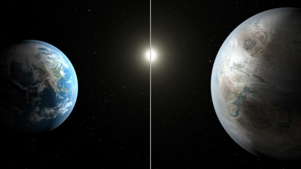 This artist's concept compares Earth (left) to the new planet, called Kepler-452b, which is about 60 percent larger in diameter. Credits: NASA/JPL-Caltech/T. Pyle This artist's concept compares Earth (left) to the new planet, called Kepler-452b, which is about 60 percent larger in diameter. Credits: NASA/JPL-Caltech/T. Pyle