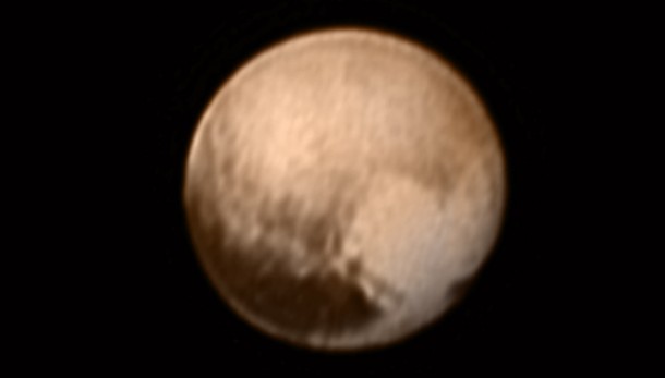 This image of Pluto from New Horizons’ Long Range Reconnaissance Imager (LORRI) was received on July 8, and has been combined with lower-resolution color information from the Ralph instrument. Credits: NASA-JHUAPL-SWRI This image of Pluto from New Horizons’ Long Range Reconnaissance Imager (LORRI) was received on July 8, and has been combined with lower-resolution color information from the Ralph instrument. Credits: NASA-JHUAPL-SWRI