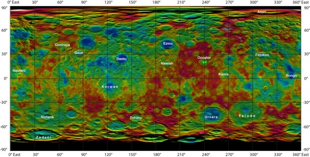 This color-coded map from NASA's Dawn mission shows the highs and lows of topography on the surface of dwarf planet Ceres. Image credit: NASA/JPL-Caltech/UCLA/MPS/DLR/IDA This color-coded map from NASA's Dawn mission shows the highs and lows of topography on the surface of dwarf planet Ceres. Image credit: NASA/JPL-Caltech/UCLA/MPS/DLR/IDA